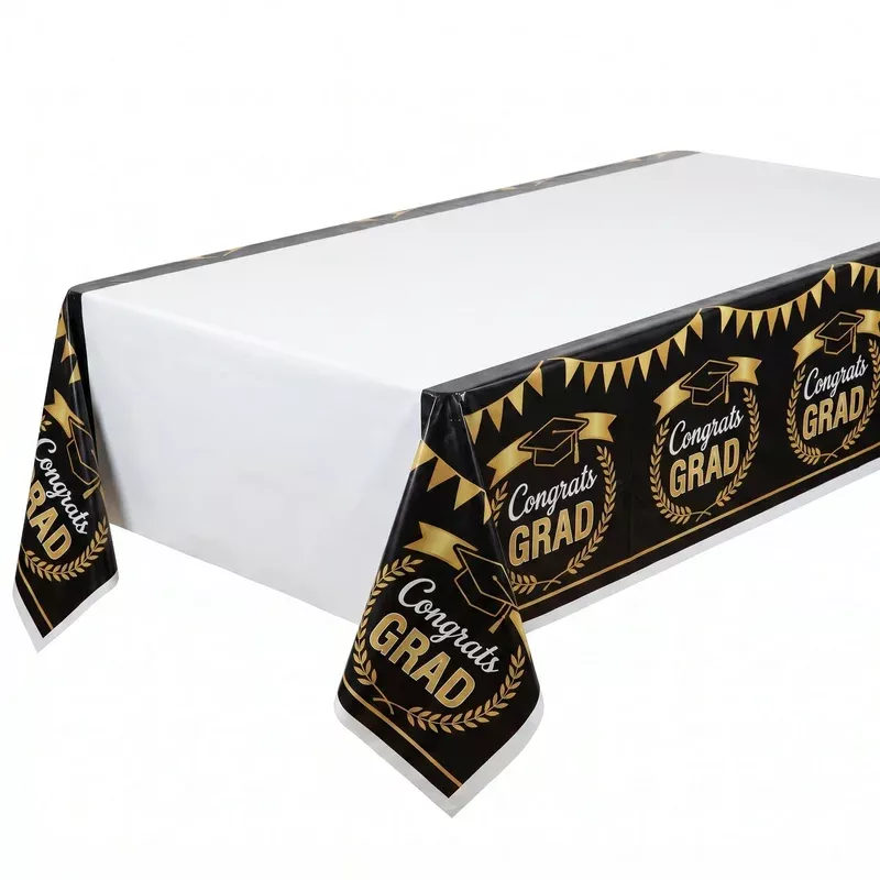 congrats-grad-plastic-table-cover-black-gold-54x84-inch-graduation "Congrats Grad" Plastic Table Cover - Black & Gold 54x84 inch for Graduation