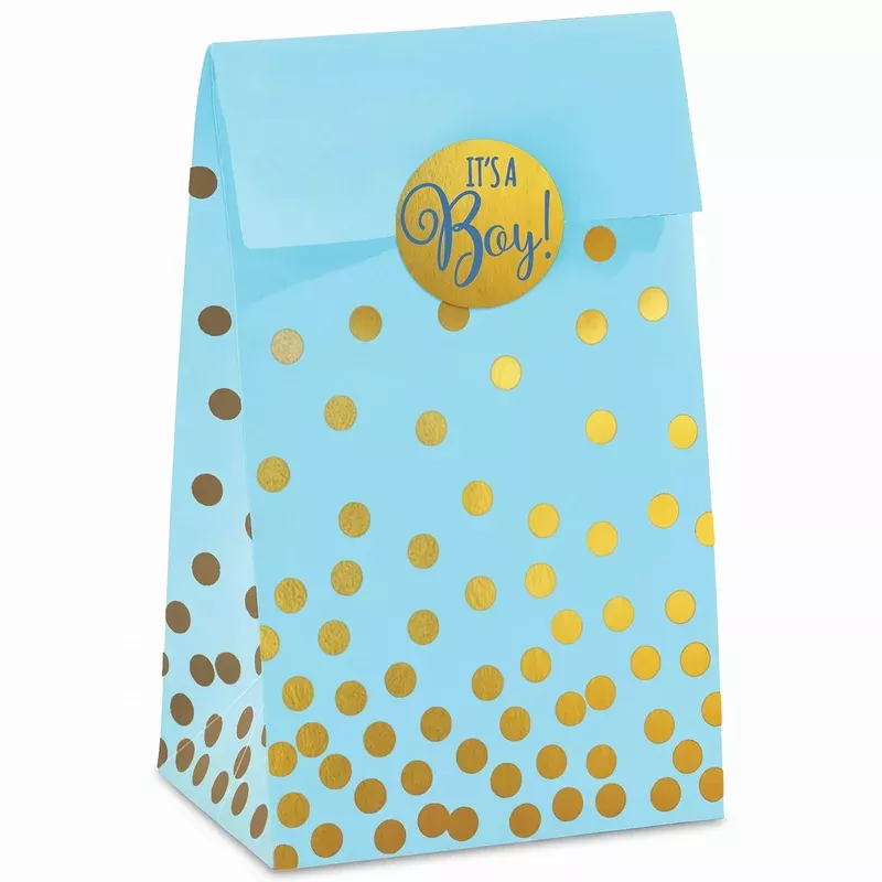 "It's a Boy" Blue & Gold Polka Dot Baby Shower Treat Bags - 20 Pack